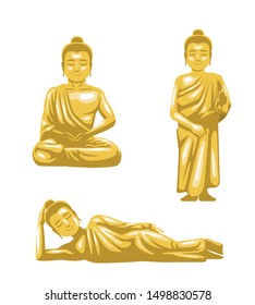 Various Buddha Poses Gold Statue Cartoon Vector