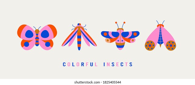 Various Bugs, Butterflies, Moth. Different insects. Minimalistic scandinavian colorful Icons. Simple flat geometric design. Trendy bright Vector illustrations for kids. All elements are isolated