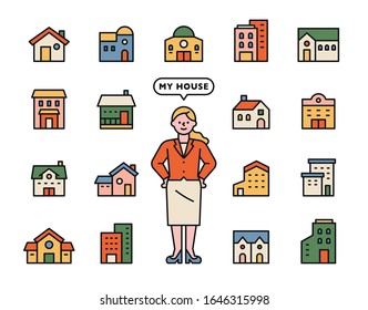 Various building icons. Real estate professional character. flat design style minimal vector illustration.