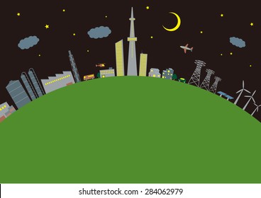 Various building on the horizon, night, illustration