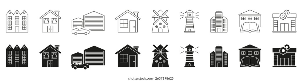 Various Building Types Line And Solid Icon Set. Residential, Industrial, Educational Structures Silhouette Symbol Collection. Architecture And Infrastructure Elements. Isolated Vector Illustration.