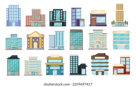 Diversos edificios de diseño plano ilustración vectorial