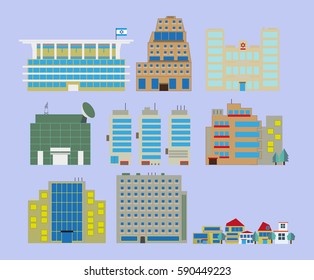 Various buildings with hospital, Scientific Complex, government buildings, offices, trees and cottages.