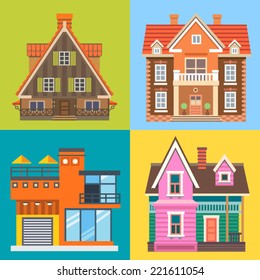 Various buildings house: modern house, cottage, wooden country house, English brick mansion. Vector flat illustrations