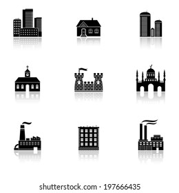 Various buildings icons with reflection