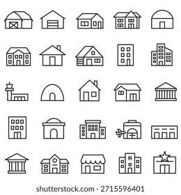 Varios edificios. Un conjunto de iconos lineales de edificios y objetos arquitectónicos. EPS 10.