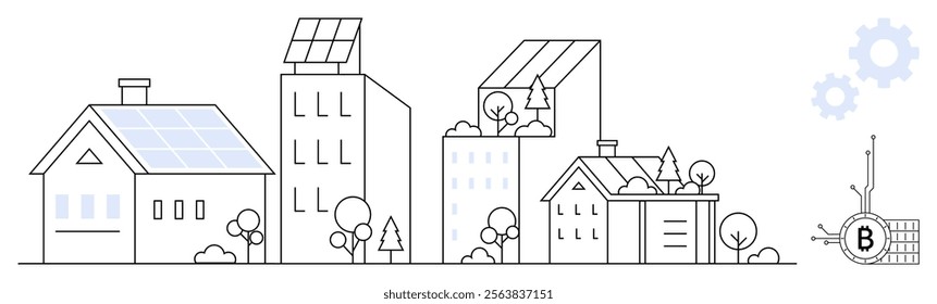 Various buildings with solar panels, trees, and eco-friendly elements. Modern cityscape with clean energy focus. Ideal for sustainability, eco-living, renewable energy, green architecture, urban