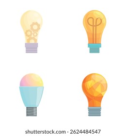 Various bulb icons set cartoon vector. Glowing smart lamp. Idea, creative, technology