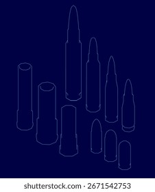 Vários marcadores são contornados em branco sobre um fundo azul, criando um contraste impressionante. O desenho de linha apresenta diferentes tipos de marcadores com contornos limpos.