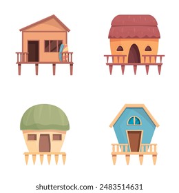 Various bungalow icons set cartoon vector. Bungalow or island resort house. Tropical resort object