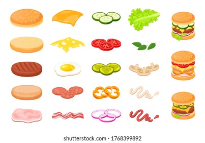 Various burger sliced ingredients flat icon set. Cartoon hamburger, tomato, cheese, cutlet, cucumber, onion isolated vector illustration collection. Food and meal concept