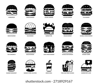 Varios tipos de hamburguesas iconos de alimentos Icono sólido