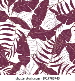 Various burgundy tropical leaves with golden outline on a white background.