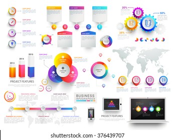 Various Business Infographic elements set with statistical graphs, charts, world map and digital device.