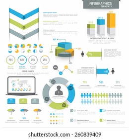 Various business infographics elements including 3D pie chart, annual statistical bars and graphs for corporate purpose.