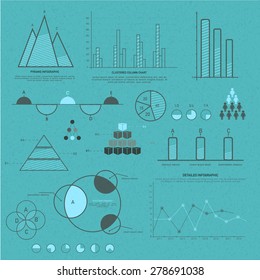 Various business infographics elements including charts, statistical bars and graphs for corporate purpose.