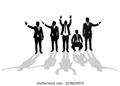 Various business man silhouettes over white background