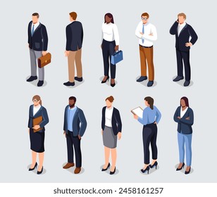 Diversos profesionales de negocios vestidos con atuendo formal sobre un fondo gris claro, simbolizando la diversidad corporativa. Conjunto de Ilustraciones vectoriales