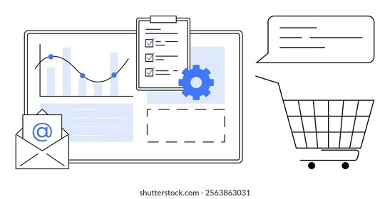 Various business tools notebook graph envelope cart message box combine to reflect e-commerce analysis communication productivity. Ideal for business analytics online shopping marketing communication