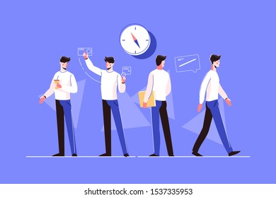 Various businessman characters vector illustration. Different poses of young man in casual wear. Guy drinking coffee, working, standing with paper folder and going flat style concept