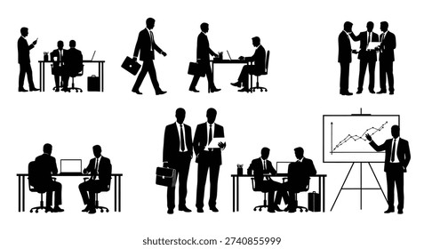 Various businessmen in office setting with multiple activities.
