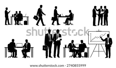 Various businessmen in office setting with multiple activities.