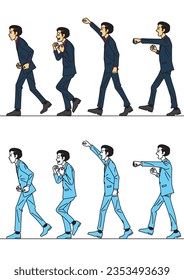 Various businessmen in suits walking with their fists raised in the air or in a spirited pose.