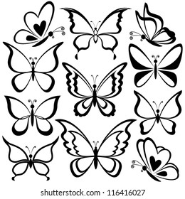 Various butterflies, black contours on white background. Vector