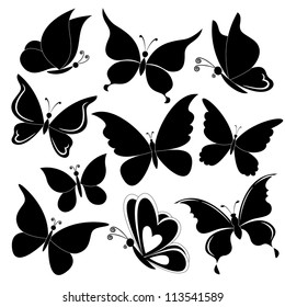 Various butterflies, black silhouettes on white background. Vector