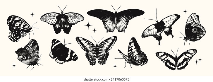 Various butterflies photocopy effect elements set with grunge stippling grain messy texture. Trendy y2k aesthetic vector illustration, Ideal for poster design, t shirt, tee print, sweatshirt