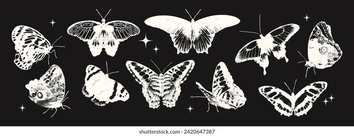 Various butterflies photocopy effect negative elements set with grunge stippling grain messy texture. Trendy spring and summer y2k aesthetic vector illustration isolated on black background