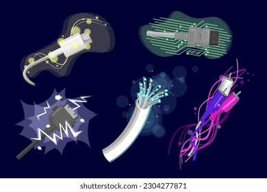 Verschiedene Kabel und Drähte für die Ausrüstung Vektorgrafiken Set. Sammlung von Cartoon-Zeichnungen des Internets, Glasfaserkabel, Drähte auf blauem Hintergrund. Technologie, Netzwerk, Verbindungskonzept