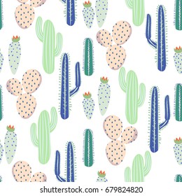 Various cacti desert vector seamless pattern. Abstract thorny mint, blue and pink color plants nature fabric print.