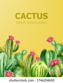 Various cacti with pink flowers on yellow background. Place for text. Vector