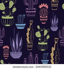 Various cacti in pots hand drawn on a dark background. Houseplants in doodle line style.Vector seamless pattern