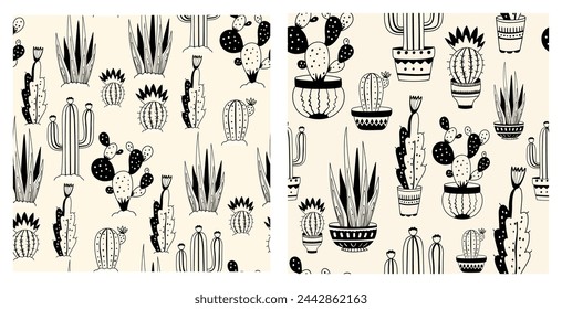 Various cacti in and without pots.Vector black and white repeating texture, Mexican cacti.Seamless pattern in line style.