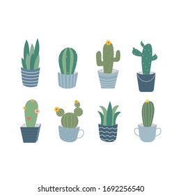 Various Cactus Pattern Icons Set in Beautiful Pots Vector illustration isolated on white background. Element design
