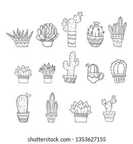 Various Cactus plant on pot hand drawn in black and white doodle vector style