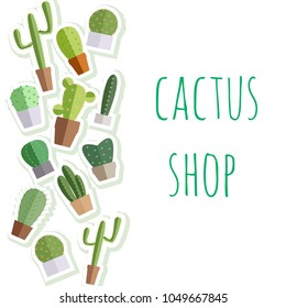 Various cactus plants set in ceramic and concrete pots in flat style on background