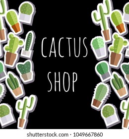 Various cactus plants set in ceramic and concrete pots in flat style on background