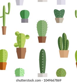 Various cactus plants set in ceramic and concrete pots in flat style on background