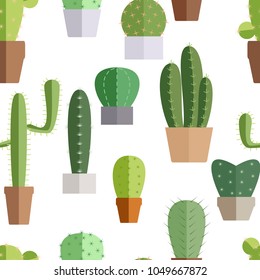 Various cactus plants set in ceramic and concrete pots in flat style on background