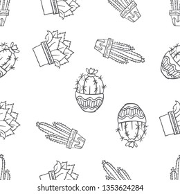 Various cactus seamless pattern hand drawn in black and white doodle vector