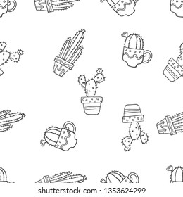 Various cactus seamless pattern hand drawn in black and white doodle vector