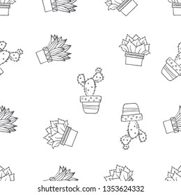 Various cactus seamless pattern hand drawn in black and white doodle vector