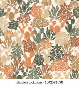 Various cactus seamless pattern. Succulent background. Neutral color. Floral design. Vector illustration