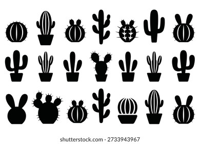 Varias siluetas de cactus en suculento blanco y negro