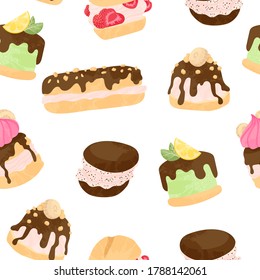 Various cake, eclair and profiterole vector seamless pattern in flat cartoons style.  Cute colorful dessert with chocolate, berries and fruits on white background.