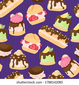 Various cake, eclair and profiterole vector seamless pattern in flat cartoons style.  Cute colorful dessert with chocolate, berries and fruits on blue stripes background.