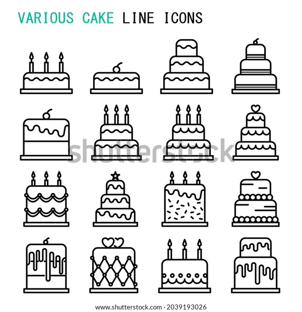Various cake line icons,  Set of simple\
various cake sign line icons, Cute cartoon line icons set, Vector\
illustration, Various cake related line icons\
